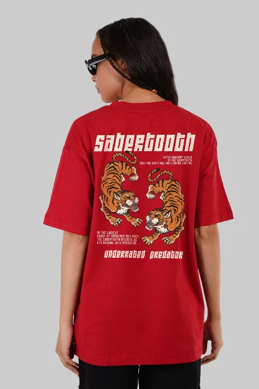 Sabertooth Red Oversized Fit T-Shirt Women Solid Color Striped Floral