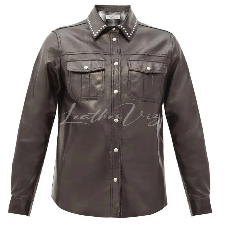 Studded Collar Women Leather Shirt Mesh Blend Leather Blend Suede Blend