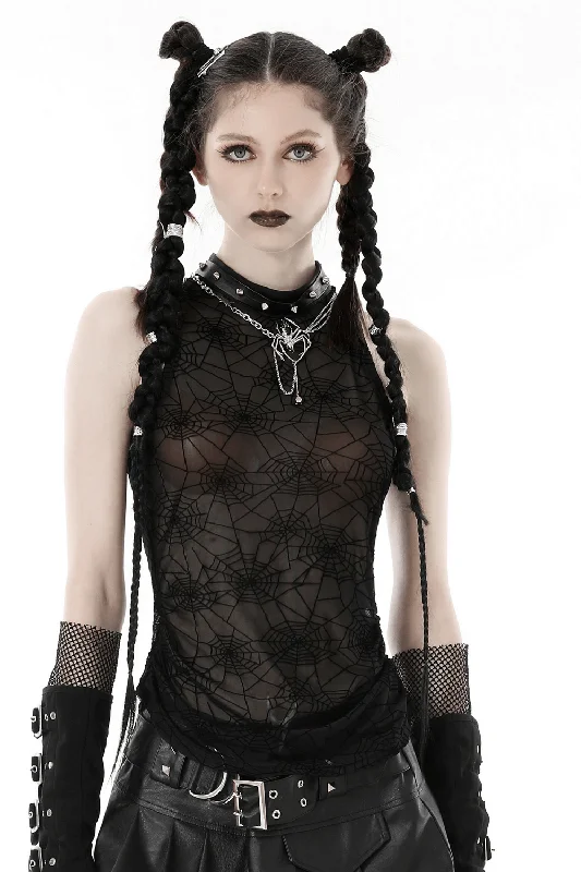 Stylish Punk Spiderweb Mesh Sleeveless T-shirt Chenille Brocade Lace