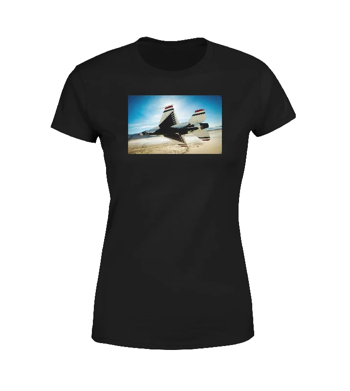 Turning Right Fighting Falcon F16 Designed Women T-Shirts Satin Fabric Silk Fabric Chiffon Fabric