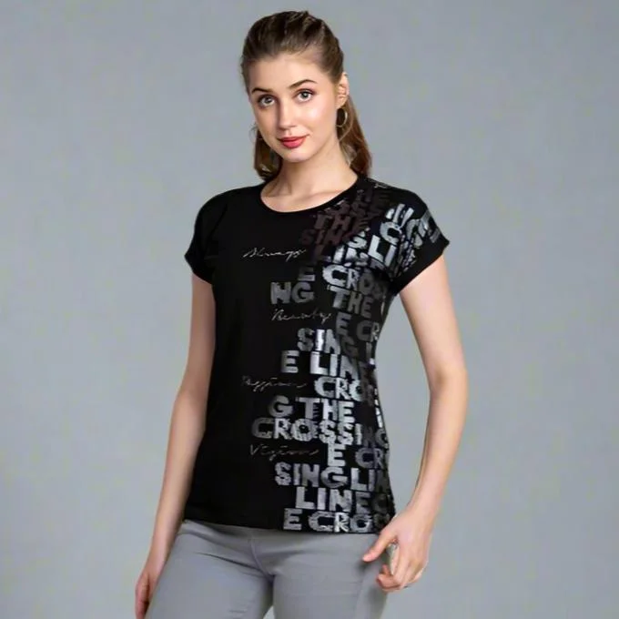 Typography Print Magyar Sleeve women's T-shirt Chenille Fabric Brocade Fabric Lace Fabric