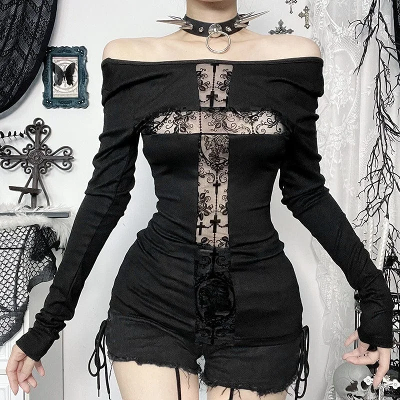 Women's Gothic Lace Cross Long Sleeved Shirt Zippered Front Buttoned Front Snap Front