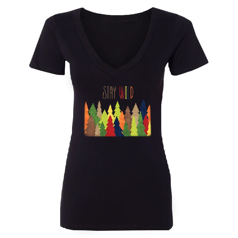 Zexpa Apparel™ Stay Wild Live in Forest Women's Deep V-neck Colorful Wild Trees Tee Mesh Canvas Denim