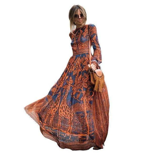 Floral long sleeve Long Dress orange blue  Print Maxi Dress (US 6-16W) Comfortable Bohemian Maxi Dress