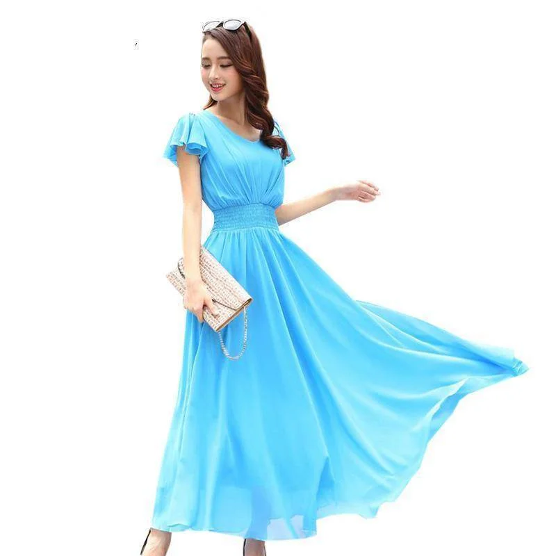 Chiffon Solid Bohemian Dress Maxi dresses V-Neck Causal  (US 6-12) Elegant Floral Maxi Dress