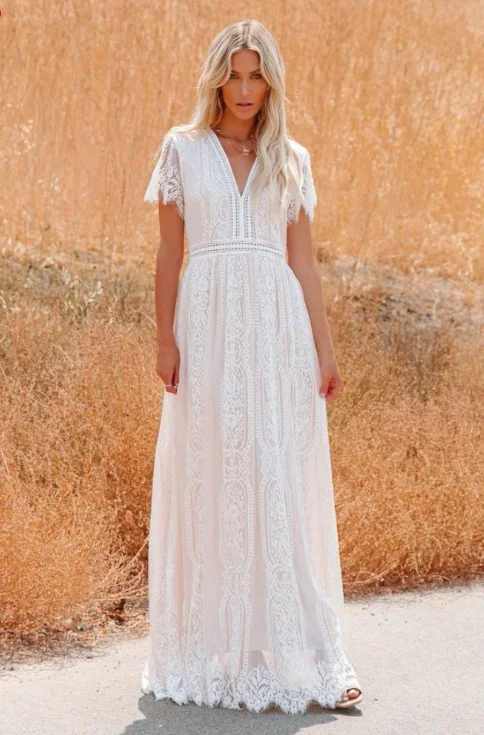 Fashion Women Deep V-neck Lace Hollow Out Bohemian Maxi Dress Elegant Lace Maxi Dress