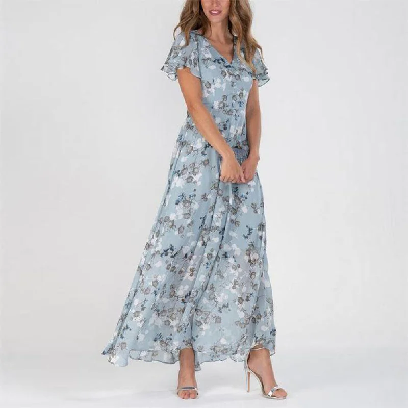 Fresh Blue Floral Flutter Sleeve Maxi Dress Comfortable Long-Sleeve Maxi Dress