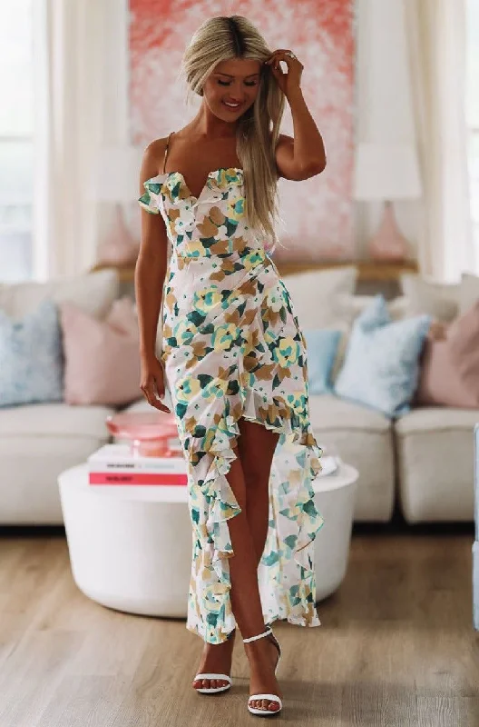 A Vision in Floral Maxi Dress - Green Fashionable Open-Back Maxi Dress