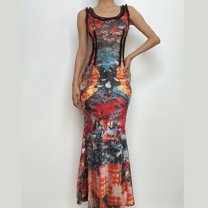 Abstract u neck ruffle self tie backless contrast maxi dress Fashionable Button-Down Maxi Dress