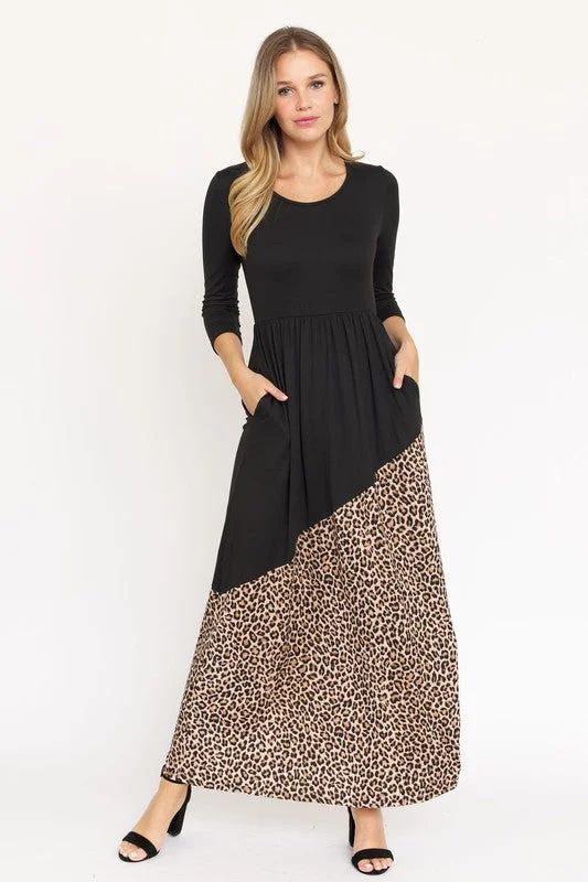 Asymmetrical Leopard Accent Maxi Dress Trendy Maxi Dress with Lace