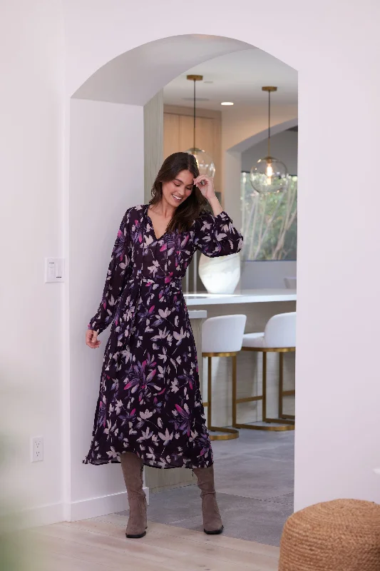 Smocked Back Maxi Dress - Floral Plum Print Fashionable Asymmetrical Maxi Dress