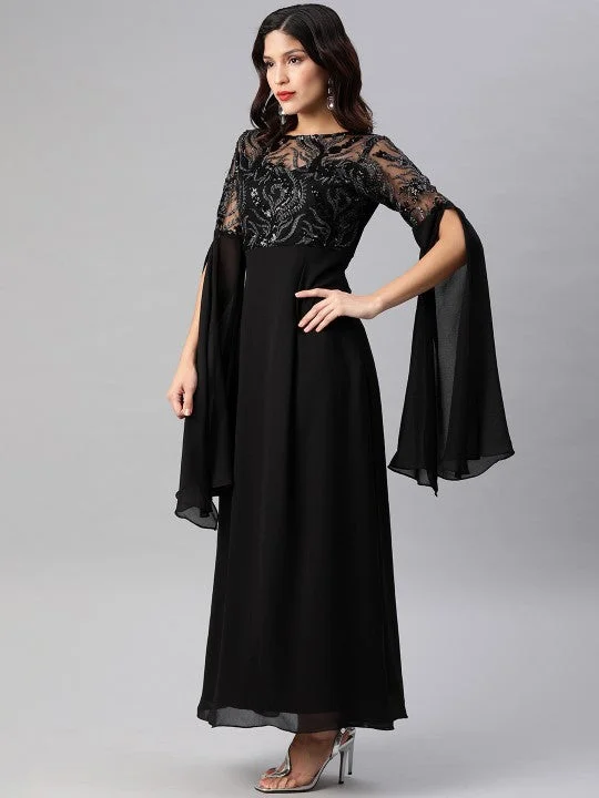 Women Black Embellished Slit Sleeves Maxi Dress Comfortable Flowy Maxi Dress