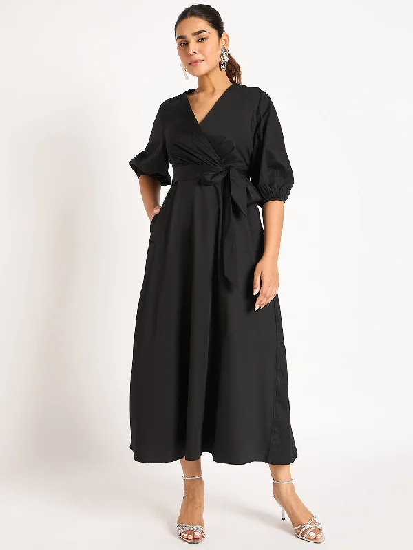 Black Pleat Detail Wrap Maxi Dress Classic Solid Maxi Dress