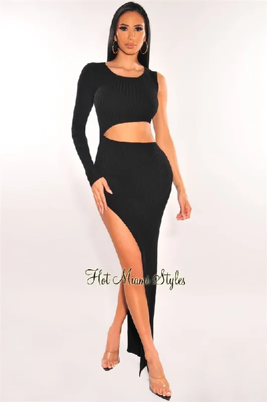 Black Ribbed Knit One Sleeve Cut Out Slit Maxi Dress Trendy Fit-and-Flare Maxi Dress