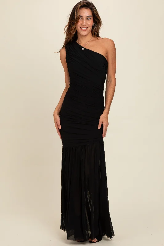 Black Ruched Mesh One Shoulder Maxi Dress Chic Sleeveless Maxi Dress