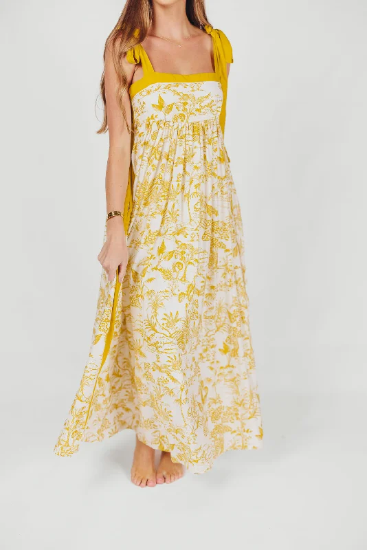 Sunny Floral Maxi Dress with Tie Straps in Goldenrod Trendy Maxi Dress with Straps