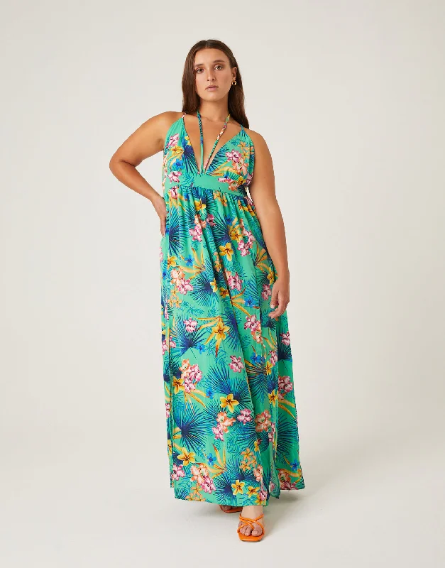 Plus Size Bold Tropical Maxi Dress Cozy Cold-Shoulder Maxi Dress