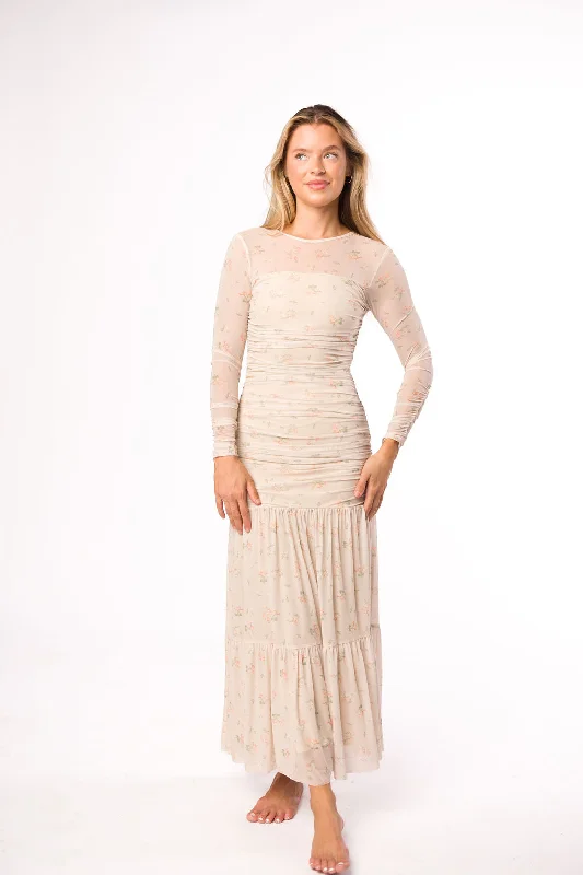 Camille Mesh Gathered Side Seam Maxi Dress in Nude Multi Floral Comfortable Maxi Dress with Slits