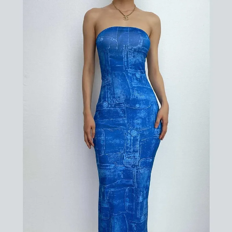 Denim print contrast backless tube maxi dress - Final Sale Fashionable Maxi Dress with Fringe