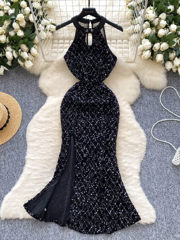 Diamond Black Sequin Maxi Dress Fashionable Asymmetrical Maxi Dress