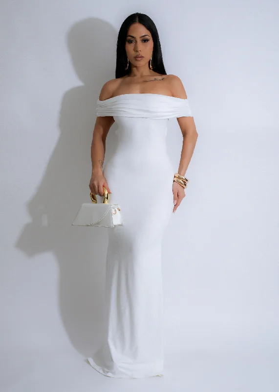 Eclipse Allure Ruched Maxi Dress White Stylish Off-Shoulder Maxi Dress