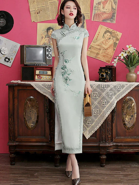 Pink Green Embroidered Modern Qi Pao Cheongsam Maxi Dress Elegant Tiered Maxi Dress