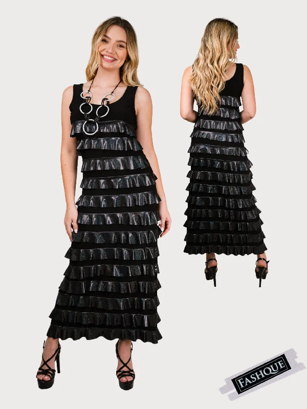 FASHQUE - Ruffle Maxi Dress Sleeveless COMBO STYLE - D211C Elegant Maxi Dress with Lace