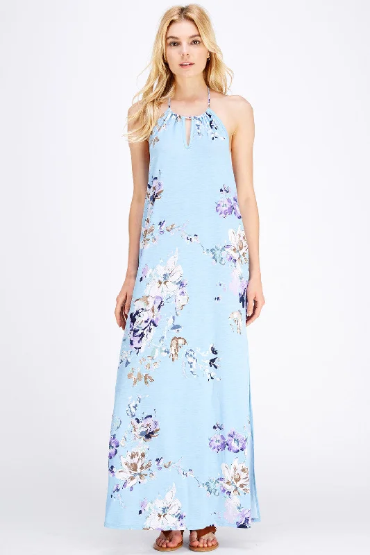 Floral Halter Maxi Dress, Blue Fashionable Printed Maxi Dress