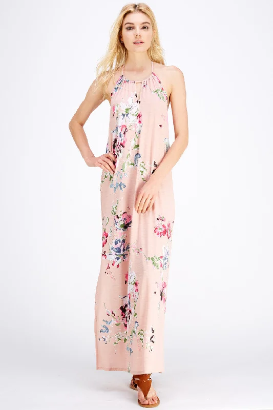 Floral Halter Maxi Dress, Blush Chic Off-Shoulder Maxi Dress