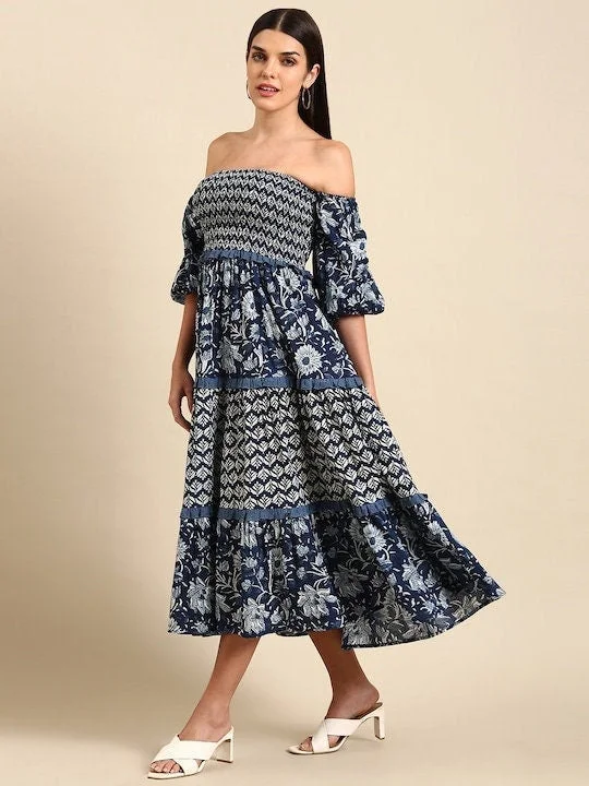 Floral Off Shoulder Smocked Maxi Dress Elegant Maxi Dress with Slit