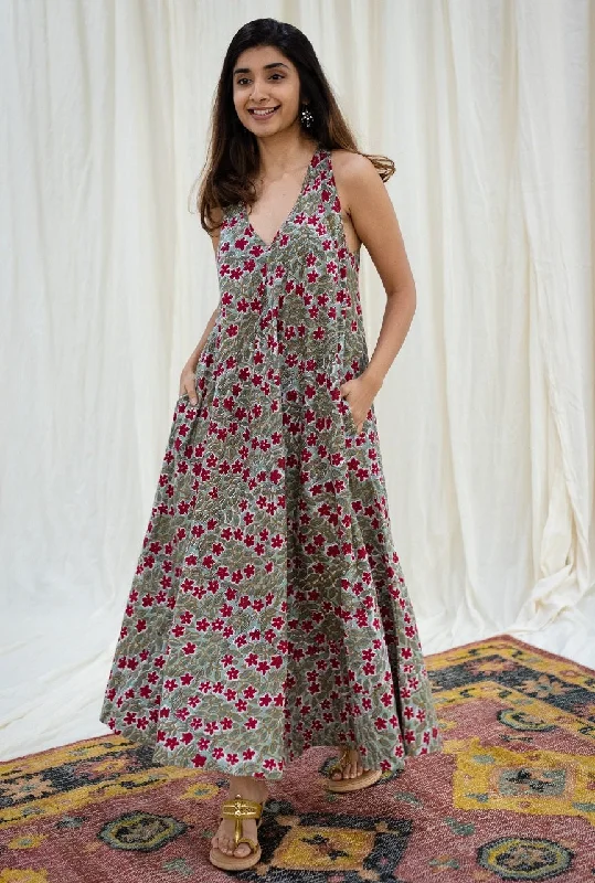 Floral Tribute Sanganeri Flared Cotton Maxi Dress Comfortable Plunging Neckline Maxi Dress