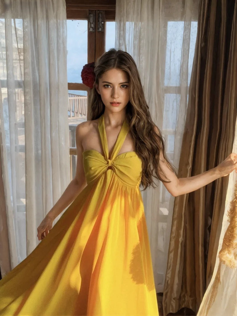 Flowing Bright Yellow Halter Maxi Dress Elegant Sleeveless Maxi Dress