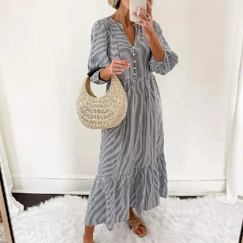 Basic Striped Print Long Sleeve Maxi Dress Cozy Maxi Dress with Slit