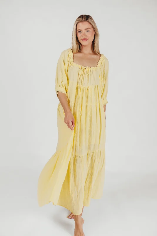 Goddess 100% Cotton Babydoll Maxi Dress in Light Yellow - Bump Friendly Fashionable Maxi Dress with Fringe