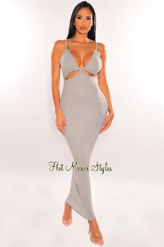 Gray V Neck Spaghetti Straps Cut Out Maxi Dress Stylish Longline Maxi Dress