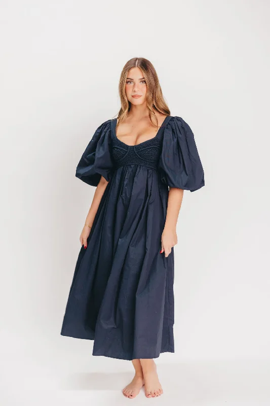 Harlow Maxi Dress in Navy - Bump Friendly Stylish Pleated A-Line Maxi Dress