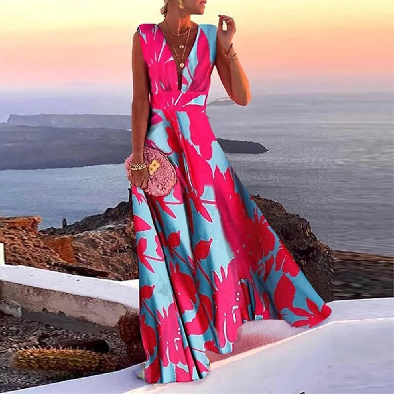 Sleeveless Magenta Floral Aqua Maxi Dress Elegant Maxi Dress with Slit