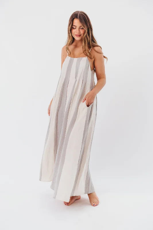 Tristan Spaghetti Strap Maxi Dress in Cream/Blue Stripe Fashionable Halter Neck Maxi Dress