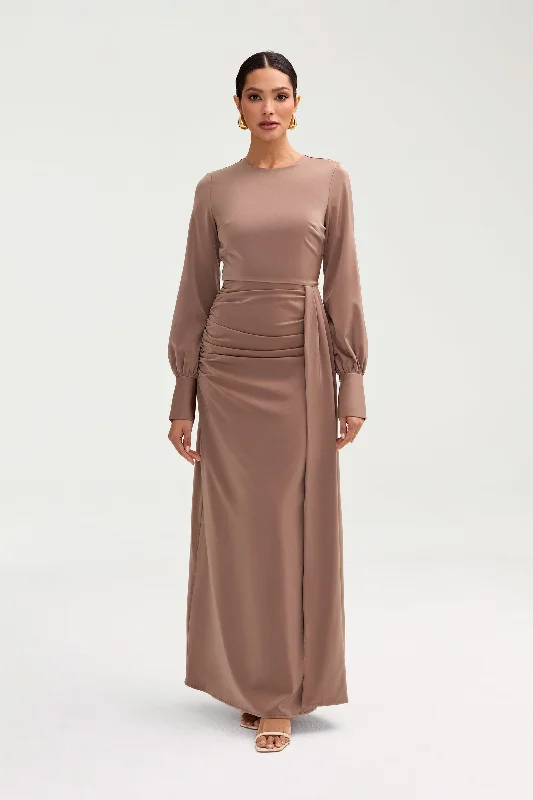 Laylani Satin Rouched Maxi Dress - Taupe Comfortable Maxi Dress with Slits