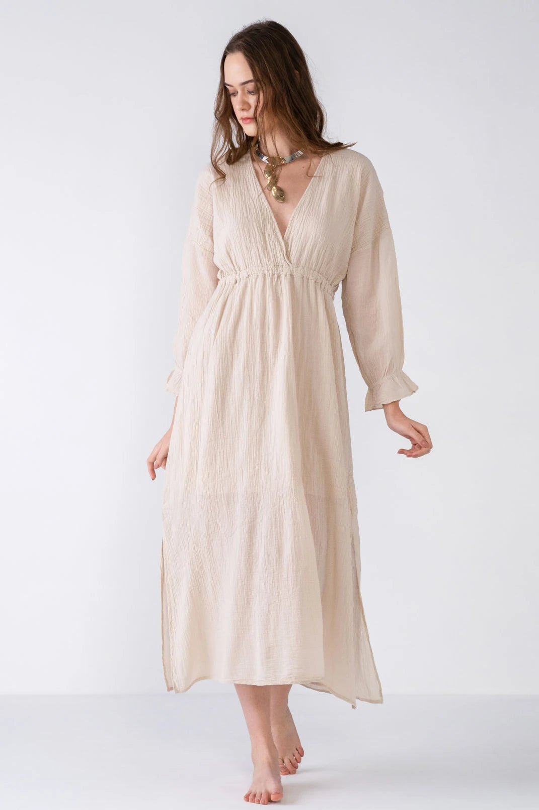 V-Neck Cotton Maxi Dress - Natural Beige Cozy Knitted Maxi Dress