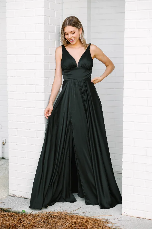 Living Daydream Black Satin Maxi Dress Stylish Pleated A-Line Maxi Dress