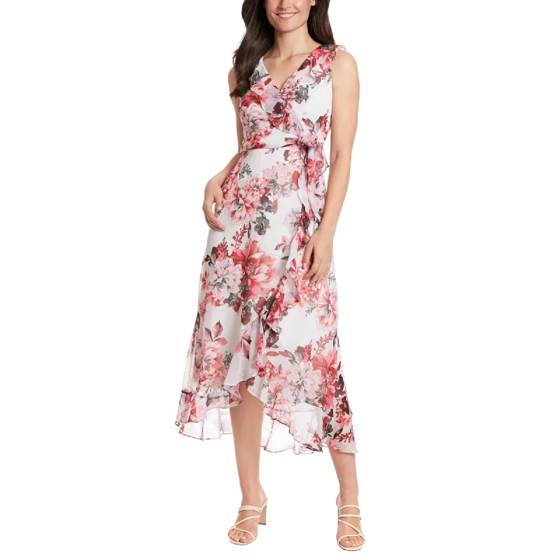 London Times Women's Floral Pint Side Tie Ruffle Wrap Maxi Dress Comfortable Bohemian Maxi Dress