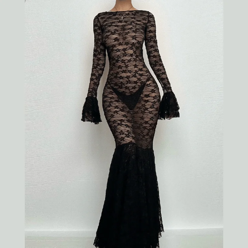 Long flared sleeve lace see through ruched maxi dress Stylish V-Neck Maxi Dress