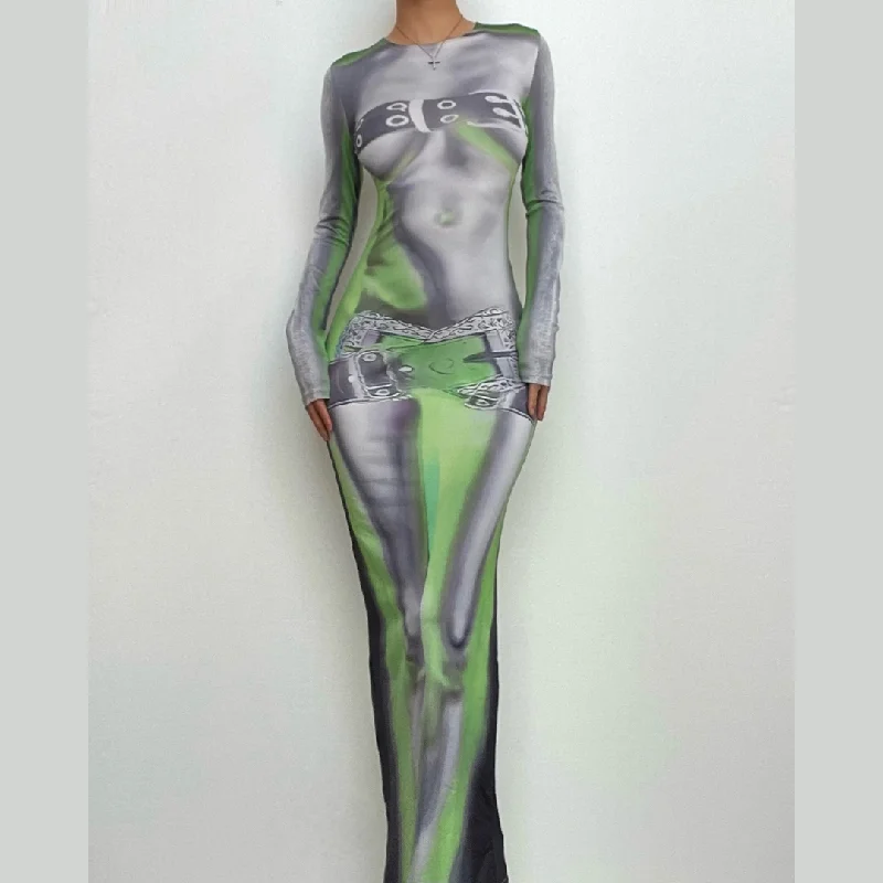 Long sleeve body print crewneck abstract contrast maxi dress- Final Sale Comfortable Plunging Neckline Maxi Dress