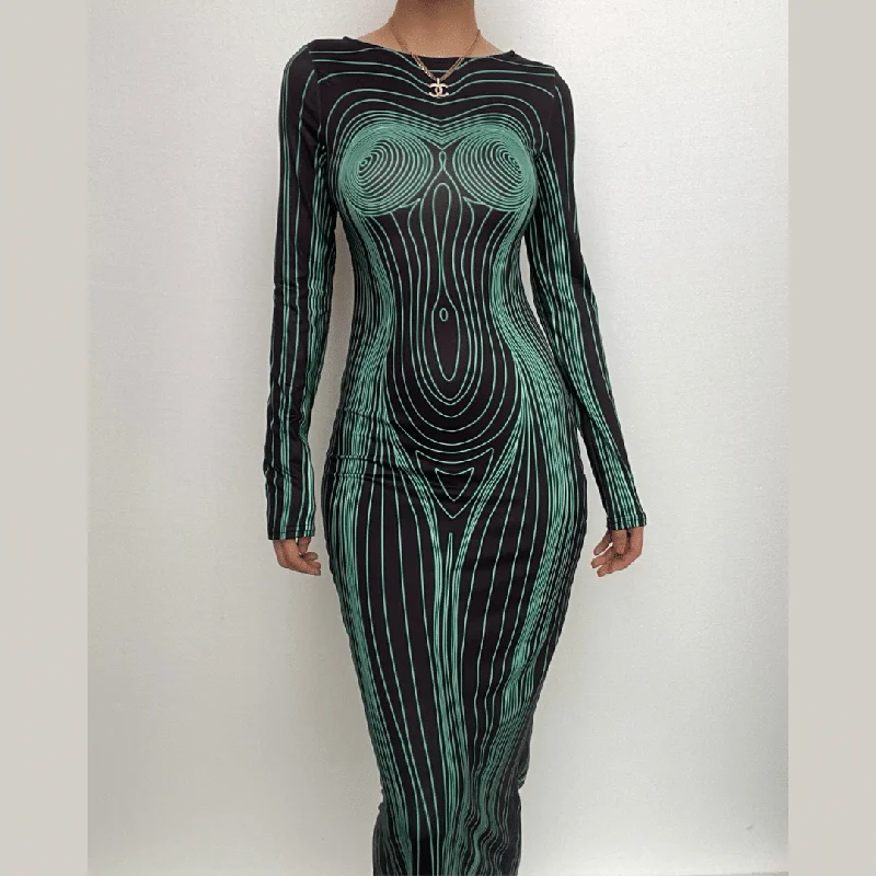 Long sleeve round neck contrast abstract body print maxi dress Comfortable Pleated Maxi Dress