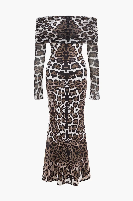 Leopard Print Mesh Off Shoulder Long Sleeve Maxi Dress Classic Solid Maxi Dress