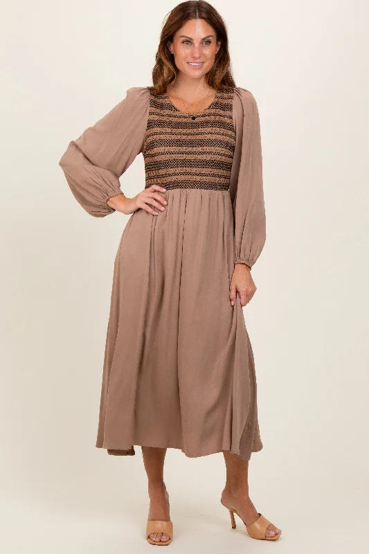 Mocha Contrast Knit Bodice Maxi Dress Stylish One-Shoulder Maxi Dress