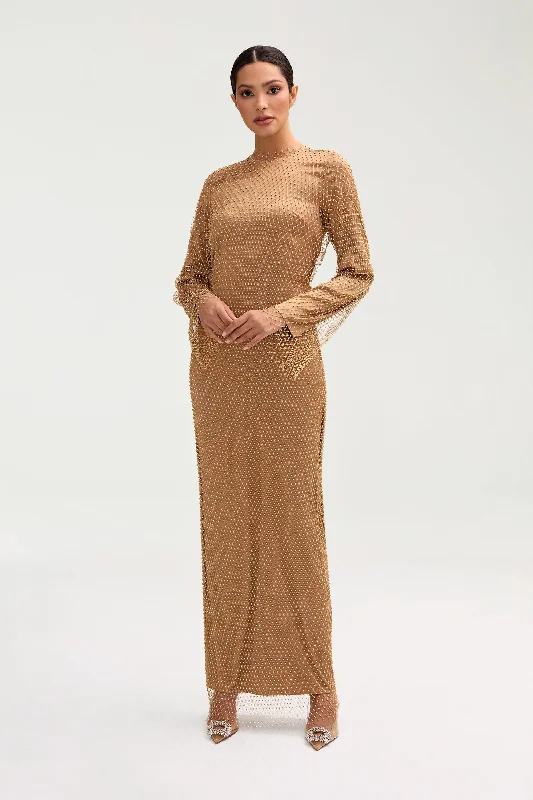 Naila Satin Crystal Maxi Dress - Champagne Fashionable High-Low Maxi Dress