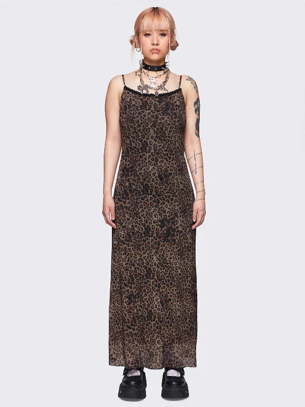 Nala Leopard Mesh Maxi Dress Stylish Button-Up Maxi Dress