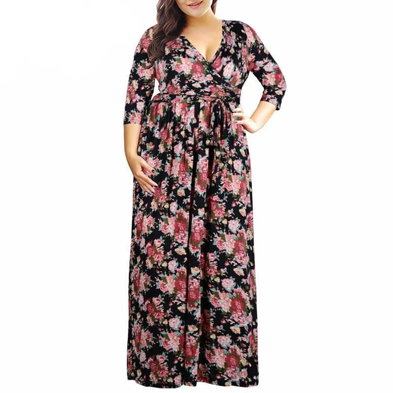 Plus Size - Women Sexy V-neck 3/4 Sleeve Vintage 50s Long Casual Dress Plus Size 7XL 8XL 9XL Floral Print Party Long Maxi Dress (US 14-26W) Trendy Maxi Dress with Belt